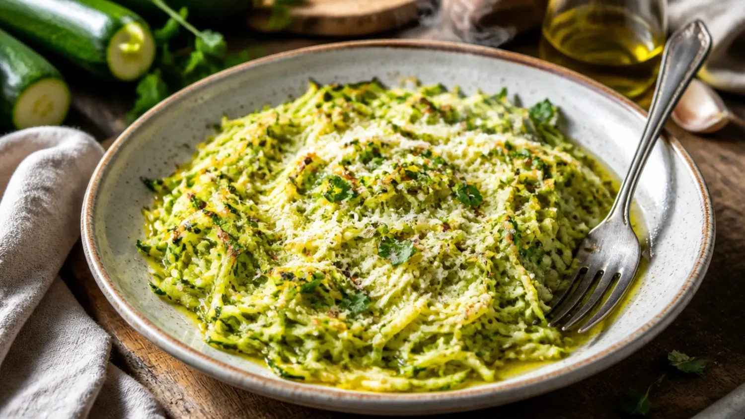 A stack of golden-brown shredded zucchini fritters on a plate with a dollop of soured cream and fresh dill, a bowl of raw grated courgette beside it