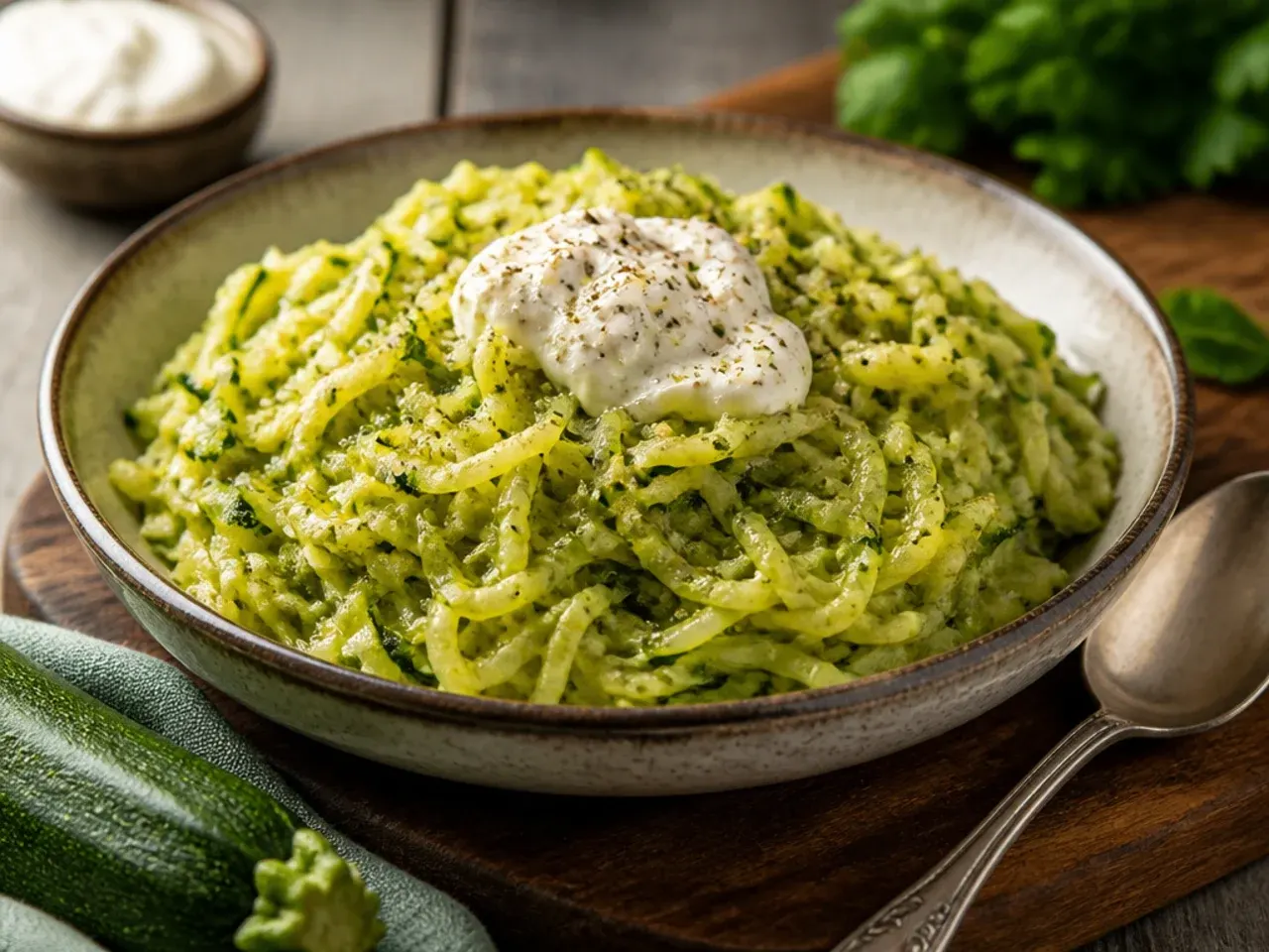 Grated zucchini sitting in a colander with salt, water pooling underneath