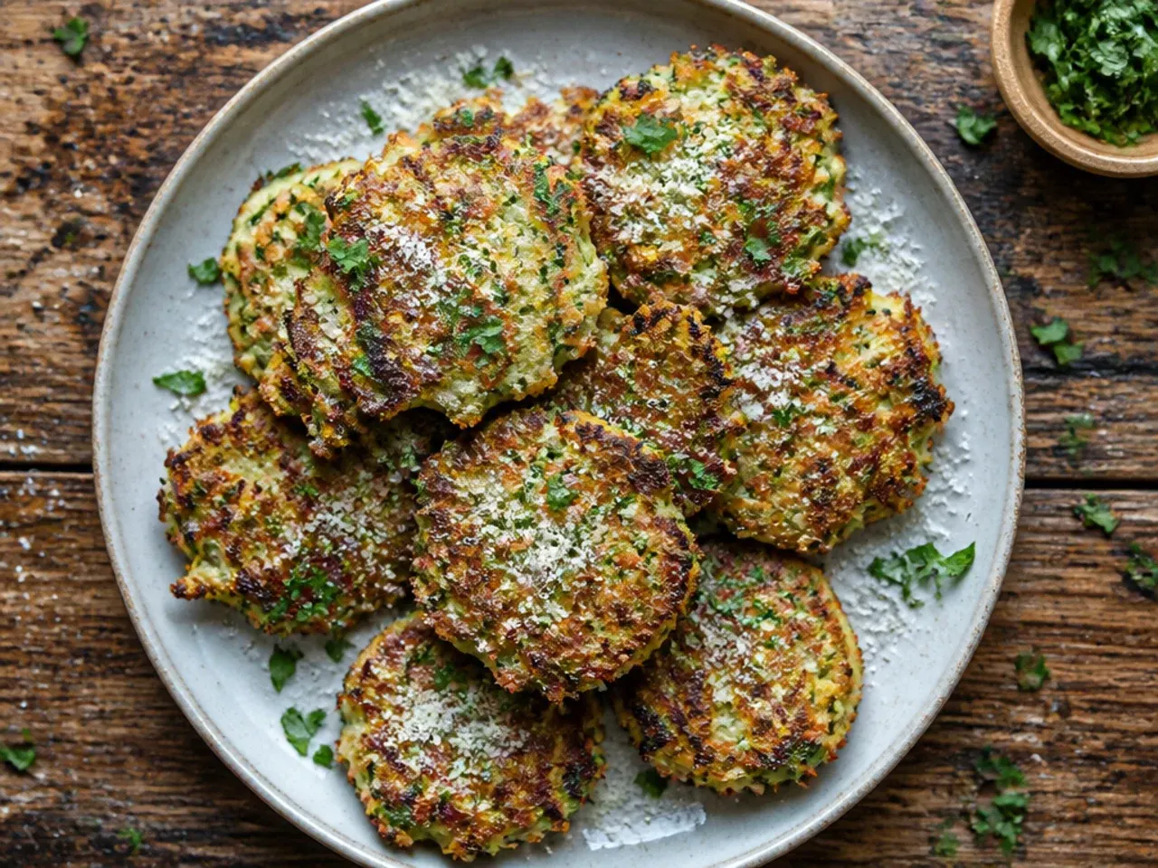Zucchini fritter batter sizzling immediately on contact with hot oil in a frying pan