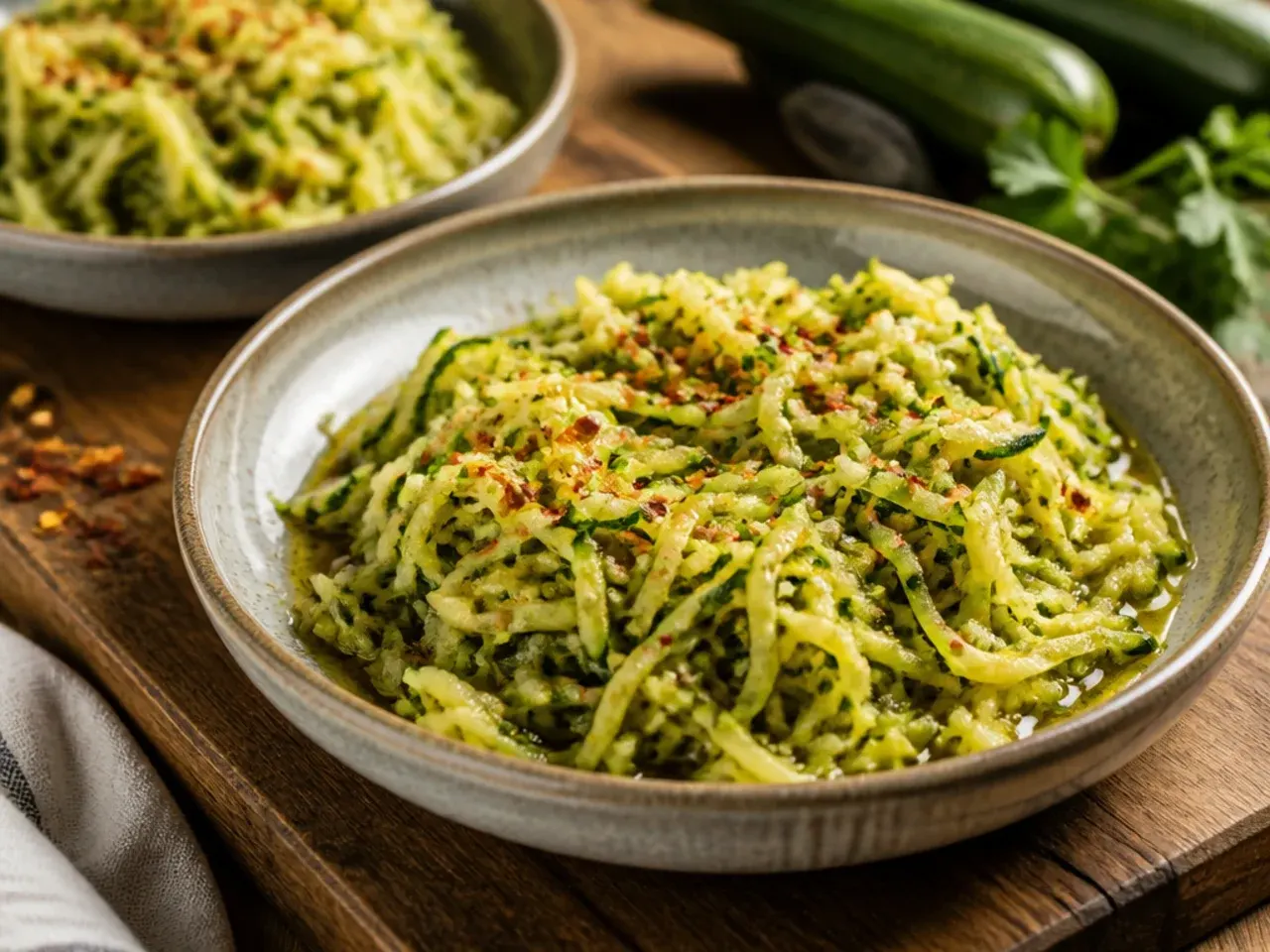 Three zucchini fritters frying with plenty of space between them in a wide pan