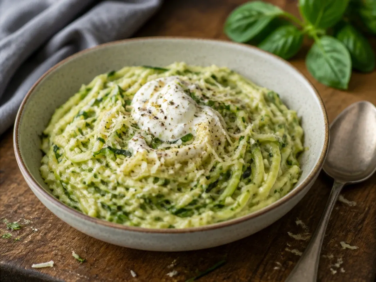 Shredded zucchini stored in an airtight container lined with paper towel