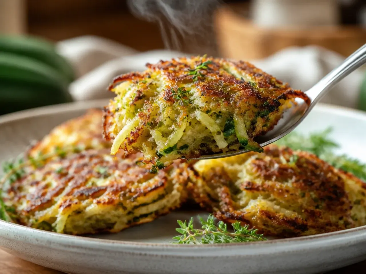 A single test zucchini fritter frying alone in the pan before the rest of the batch