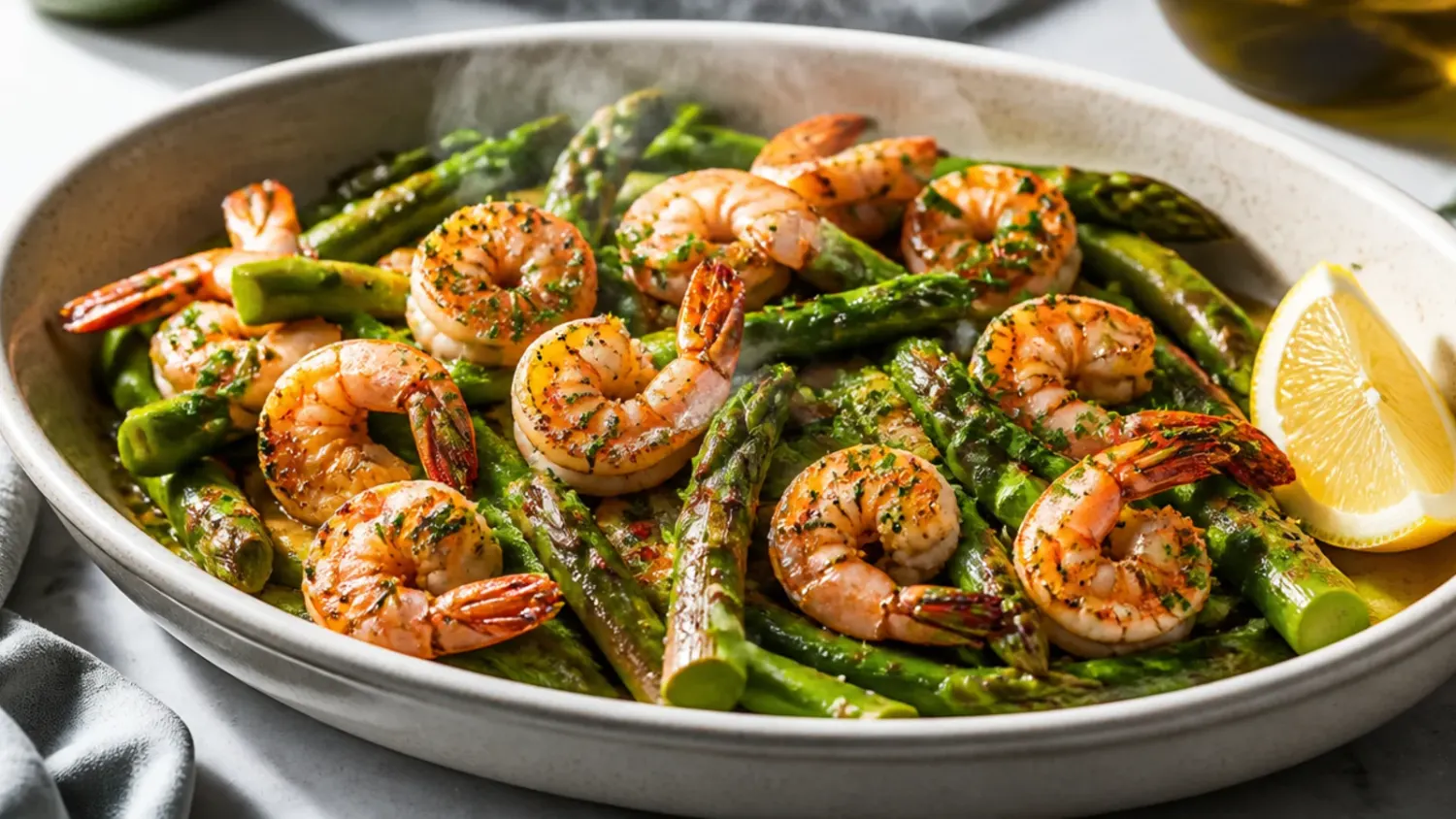 Overhead shot of garlic butter shrimp and asparagus in a cast iron skillet, garnished with lemon slices and fresh parsley