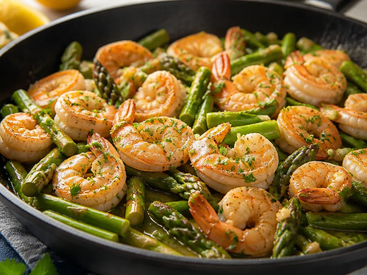 A flat lay of raw shrimp, fresh asparagus spears, garlic and lemon on a wooden board