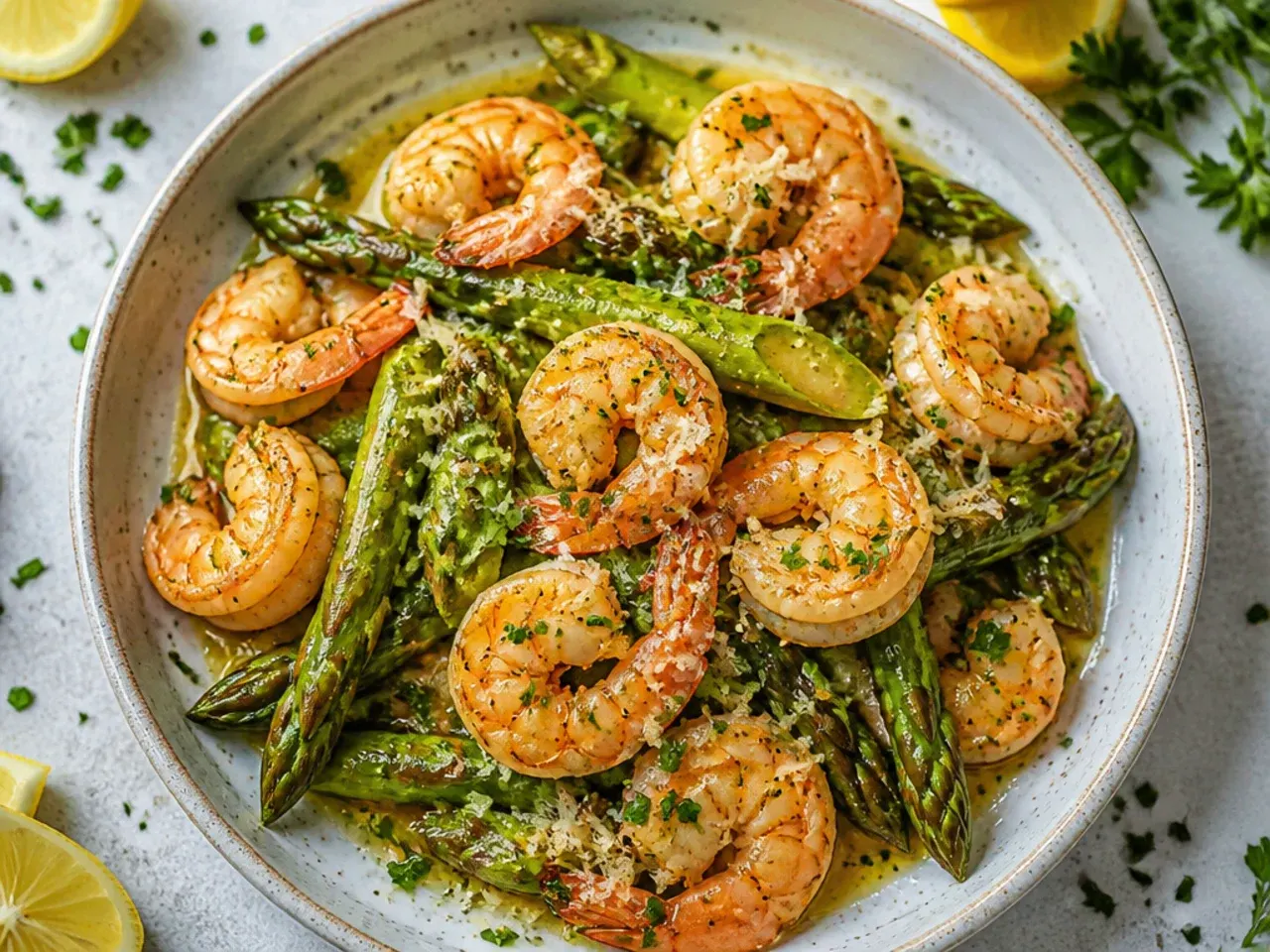 Garlic butter shrimp and asparagus in a skillet with lemon slices