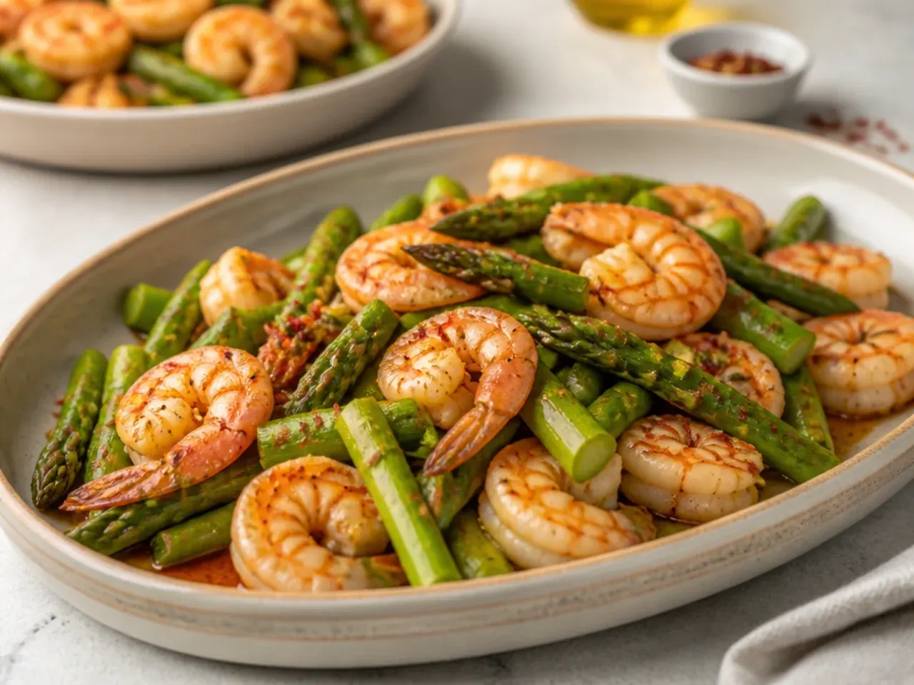 A nonstick skillet of shrimp and asparagus tossed together with simple seasoning