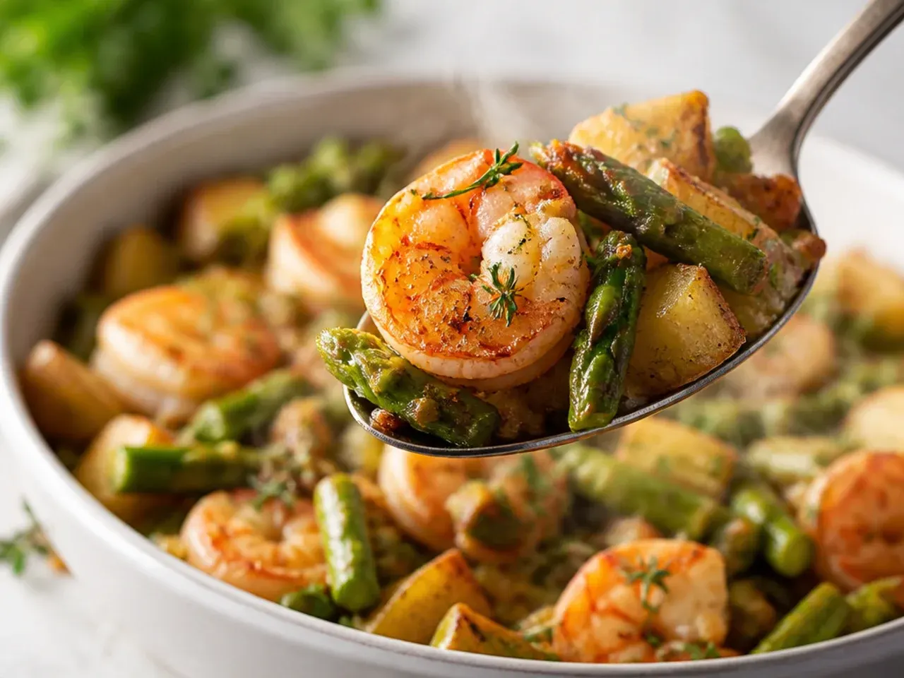 A hearty skillet of shrimp, asparagus and baby potatoes with crispy bacon bits