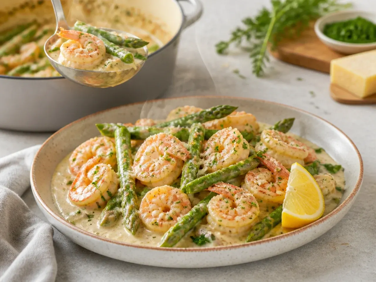 Creamy garlic parmesan shrimp and asparagus in a white sauce