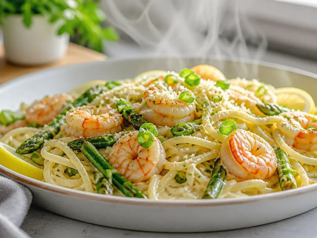 A twirled plate of creamy lemon pasta with shrimp and asparagus