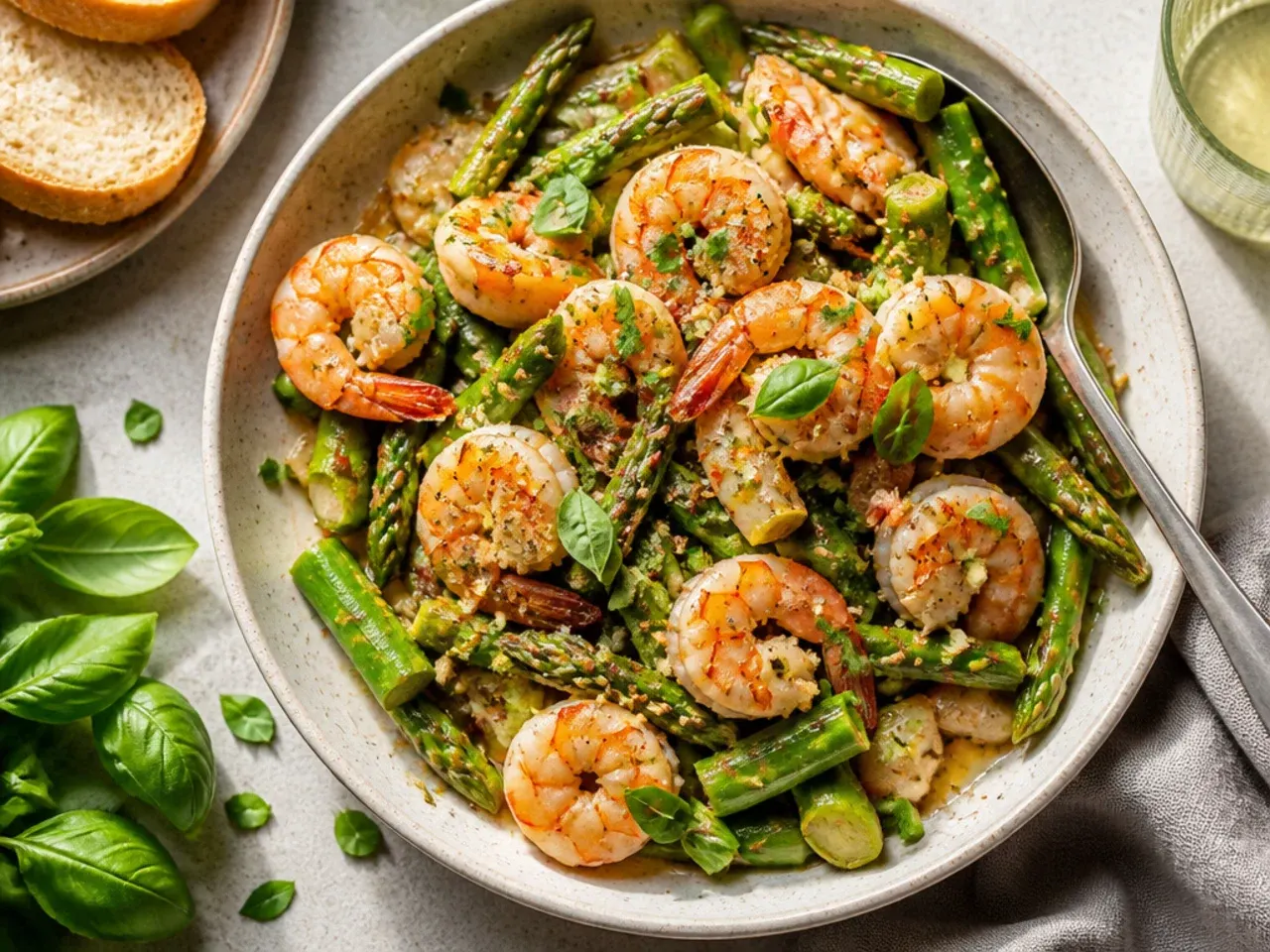 A simple sauté of shrimp and asparagus with olive oil and lemon wedges