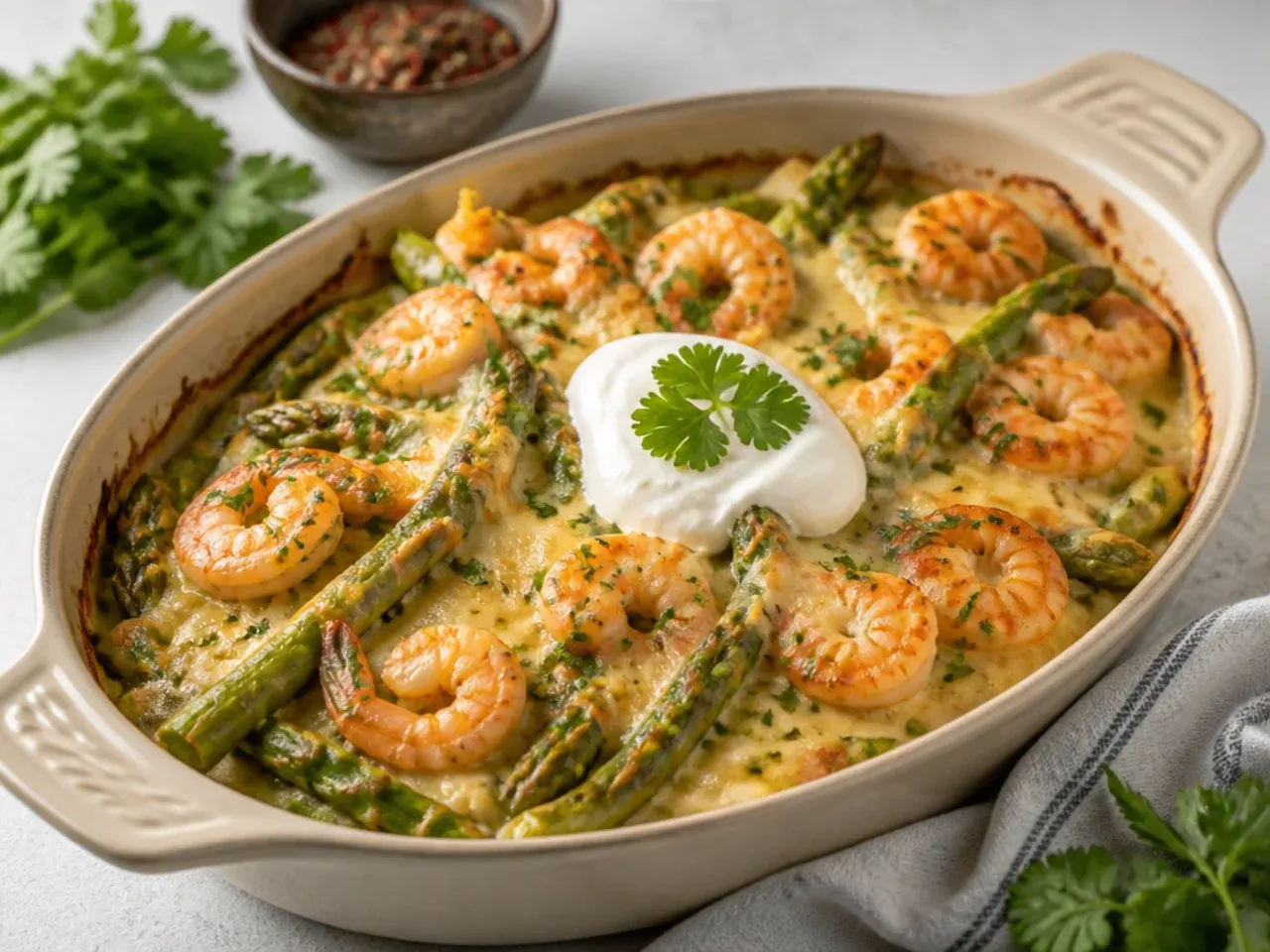 A bubbling cheesy shrimp and asparagus gratin fresh from the oven