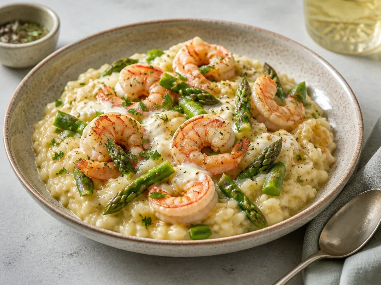 A creamy bowl of shrimp and asparagus risotto topped with parmesan
