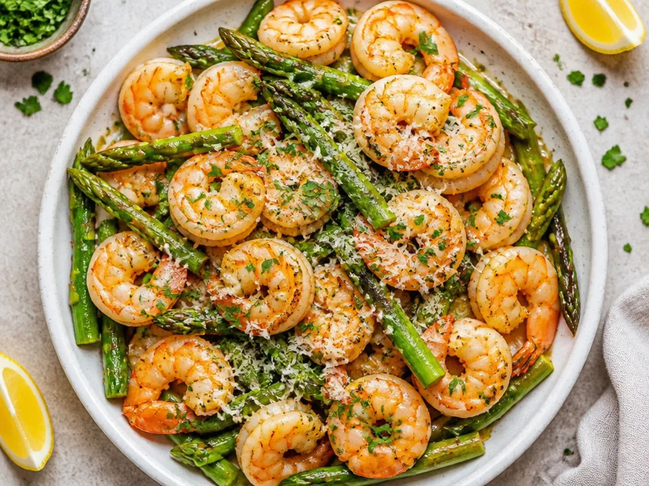 A budget skillet of shrimp and asparagus made with frozen ingredients