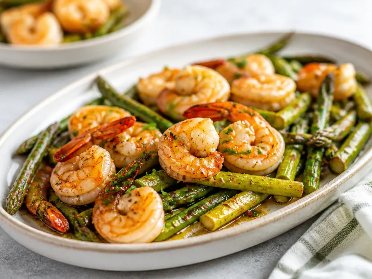 A sheet pan of roasted shrimp and asparagus with lemon slices