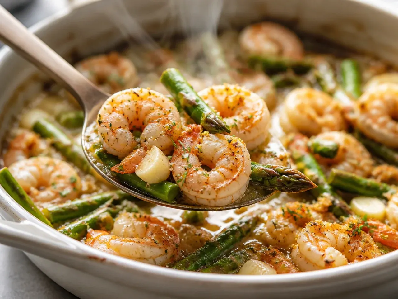 A rustic skillet of white wine shrimp and asparagus with crusty bread on the side