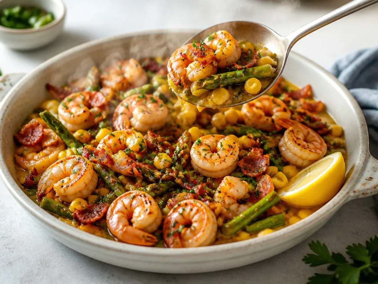 A loaded skillet of shrimp, asparagus, sweetcorn and crispy bacon