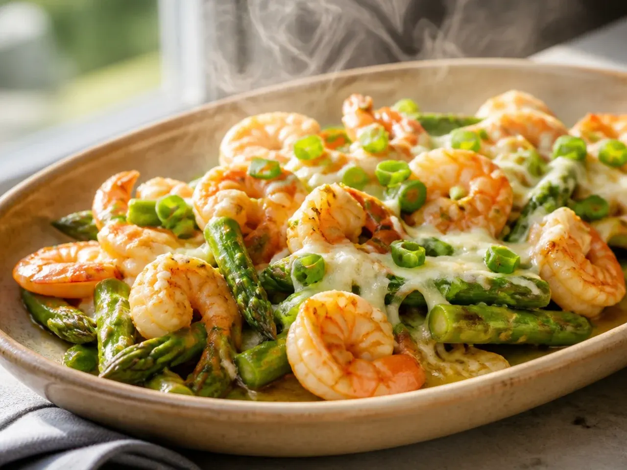 A wok of glossy shrimp and asparagus stir-fry served over steamed rice