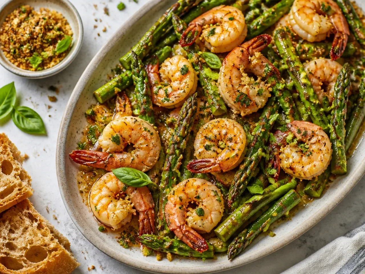 Brown butter shrimp and asparagus topped with toasted almonds