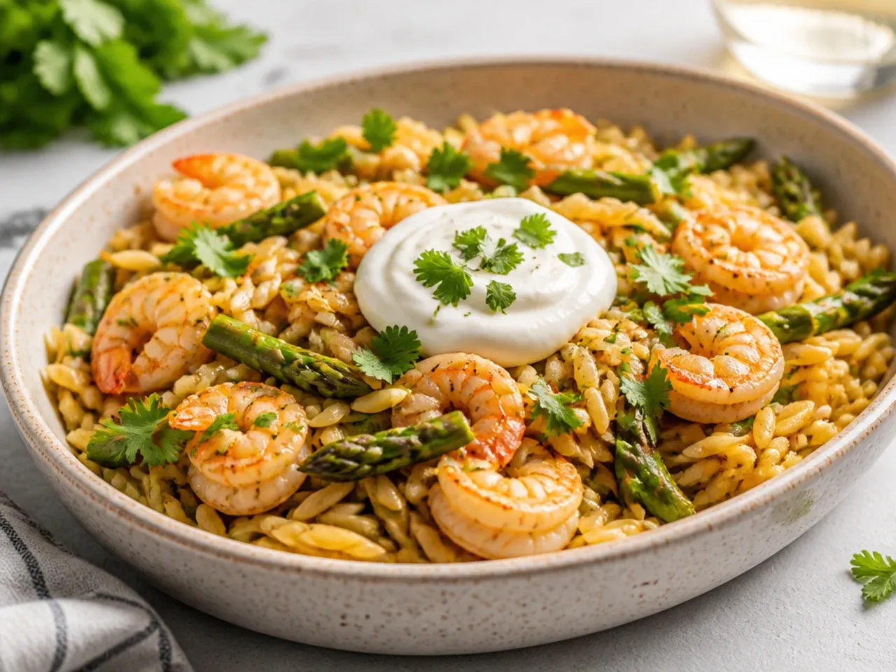 A one-pot dish of shrimp, asparagus and creamy orzo in a Dutch oven