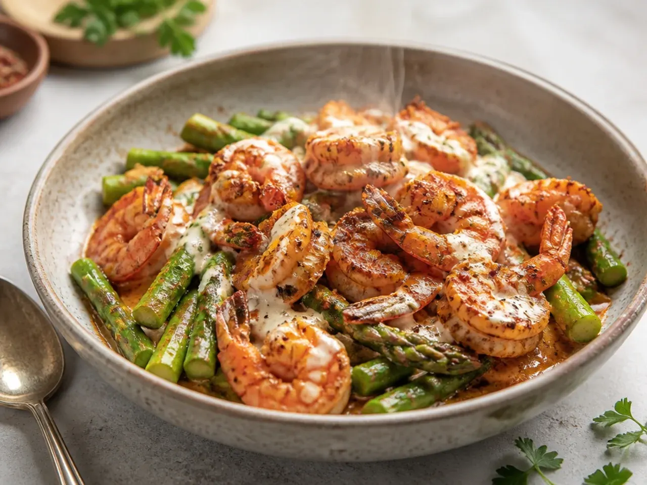 Blackened Cajun shrimp and asparagus in a cast iron pan
