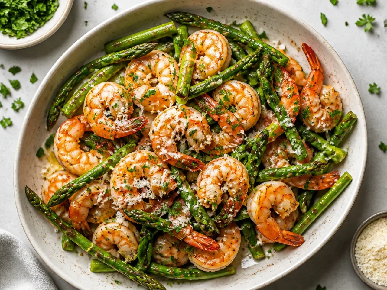 An opened foil packet revealing steamed shrimp and asparagus with lemon