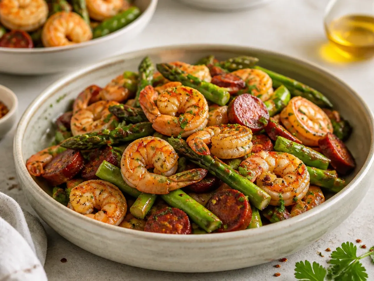 A skillet of shrimp, asparagus and sliced chorizo in paprika-red oil