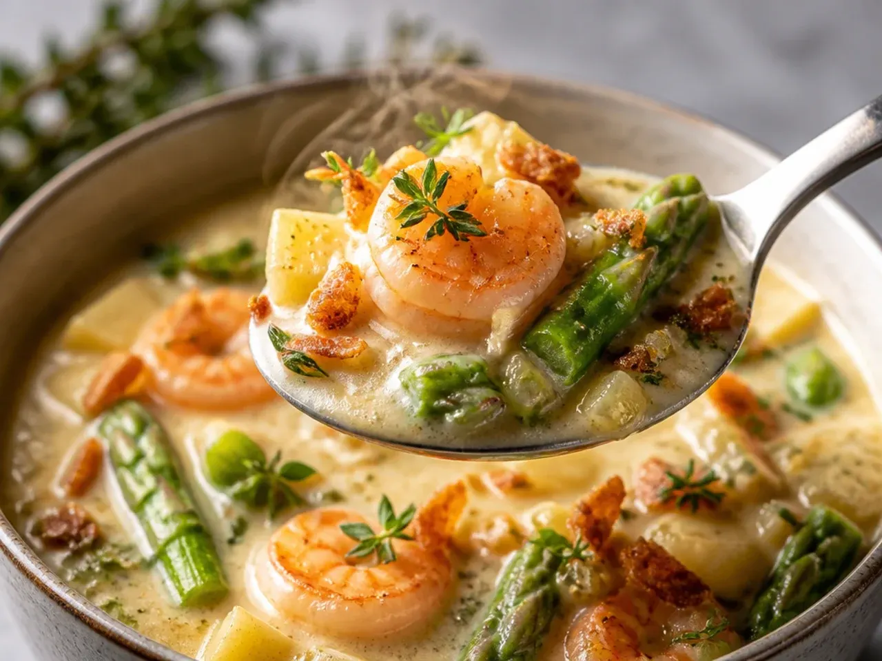 A bowl of creamy shrimp and asparagus chowder with a swirl of cream