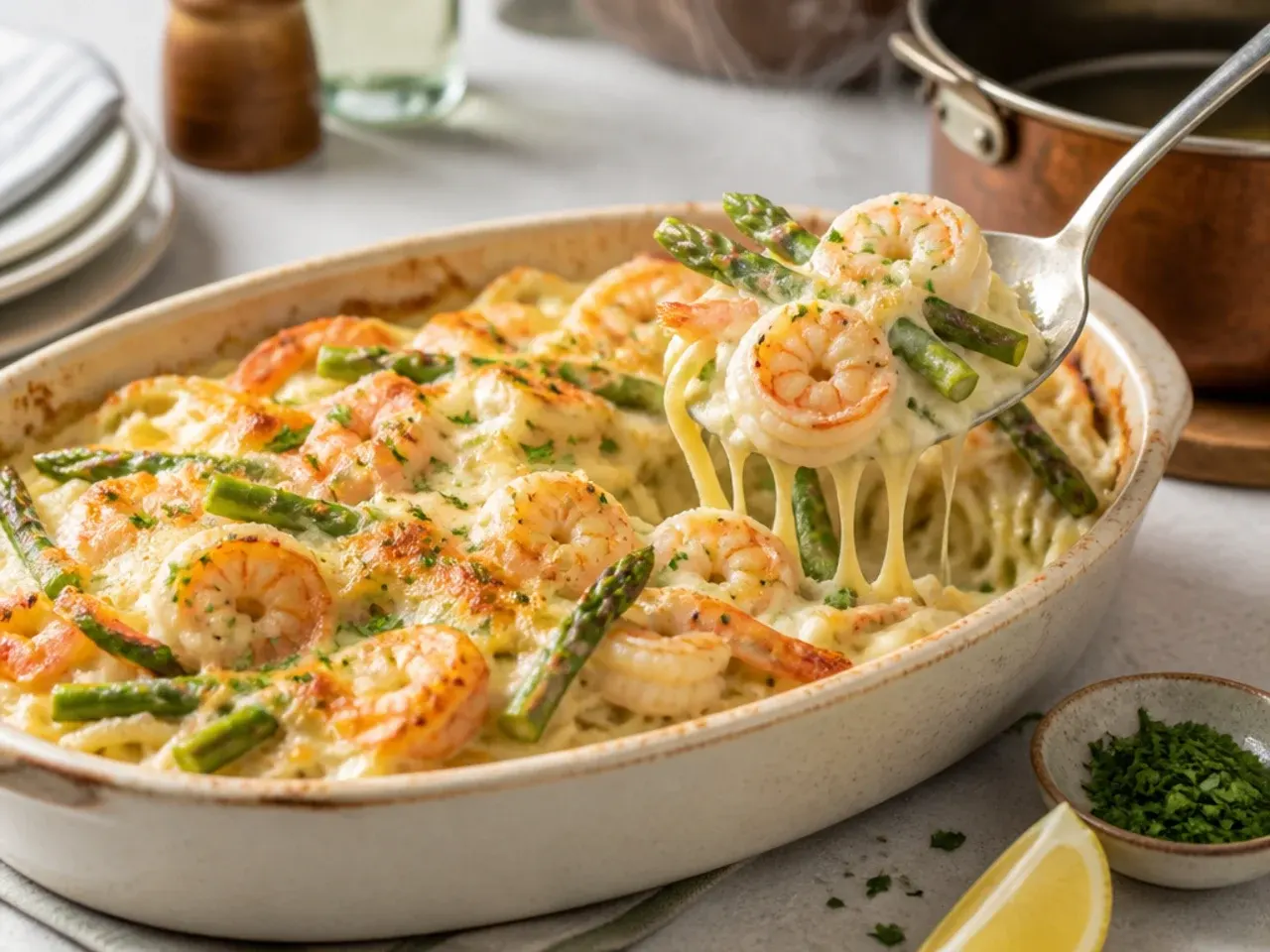 A baked pasta dish of shrimp and asparagus Alfredo with a golden cheese top