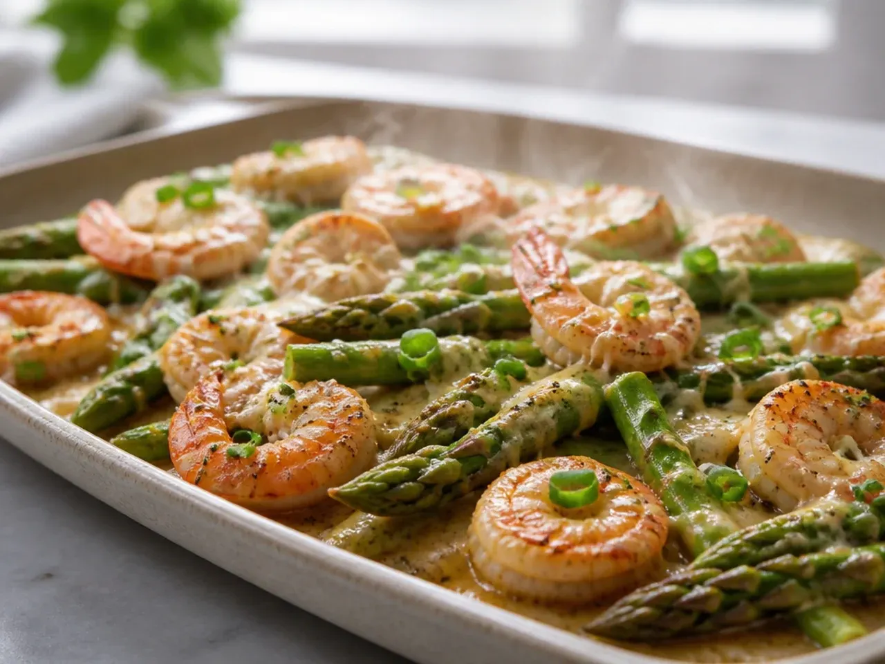 A minimalist sheet pan of roasted salt-and-pepper shrimp and asparagus