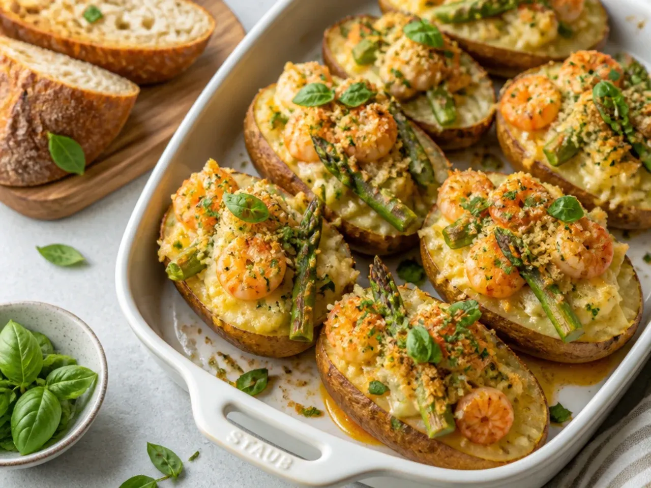 Baked potatoes stuffed with cheesy shrimp and asparagus