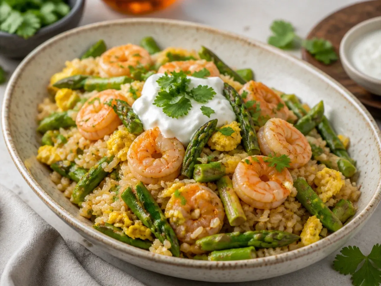 A wok of shrimp and asparagus fried rice with scrambled egg and spring onion