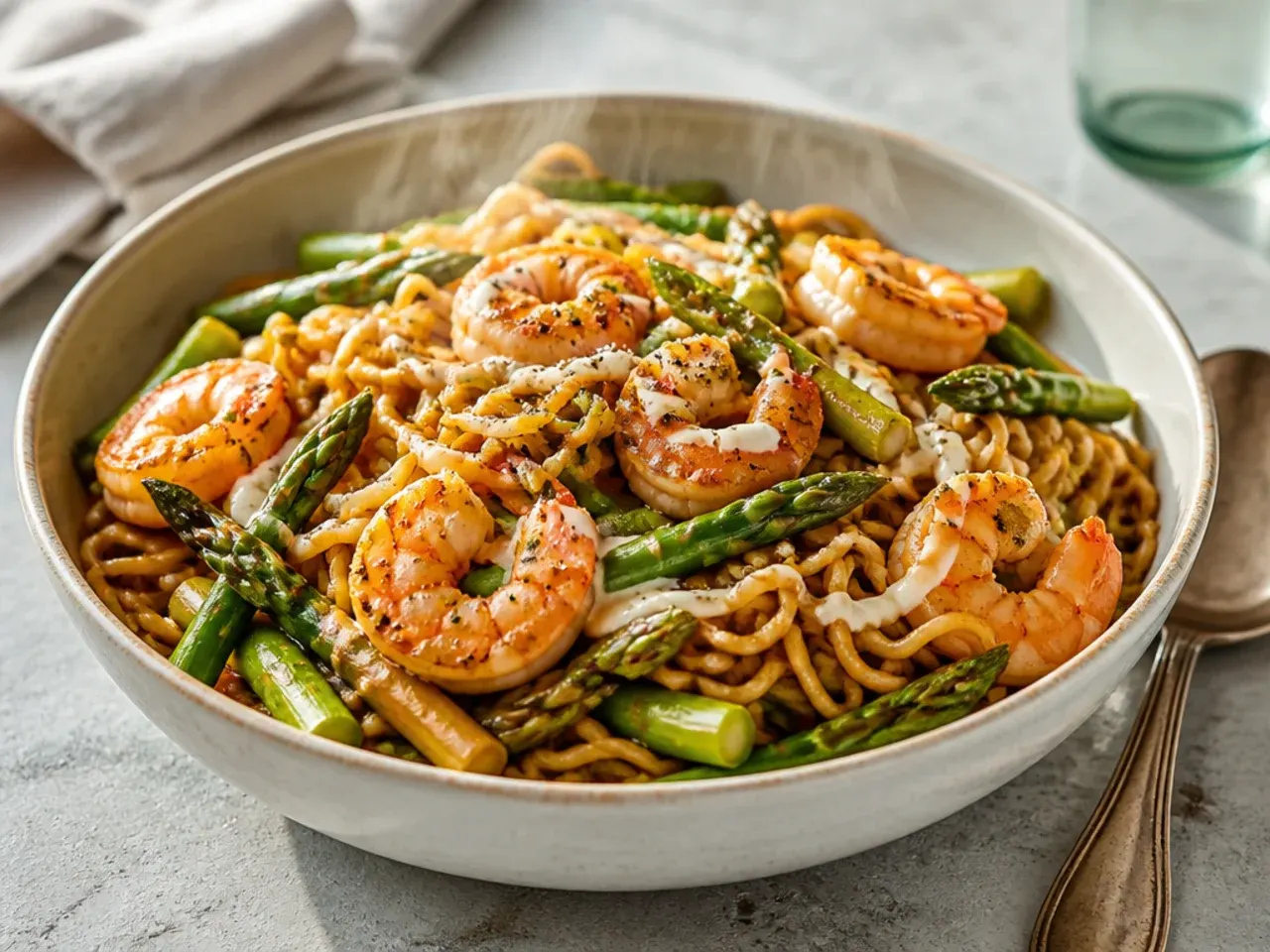 A skillet of shrimp, asparagus and stir-fried ramen noodles