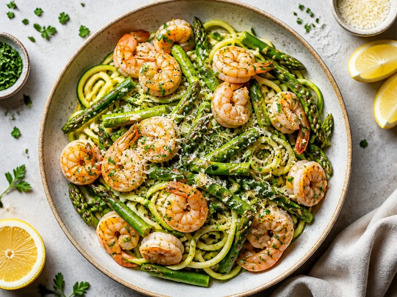 A plate of spiralised courgette noodles tossed with shrimp and asparagus