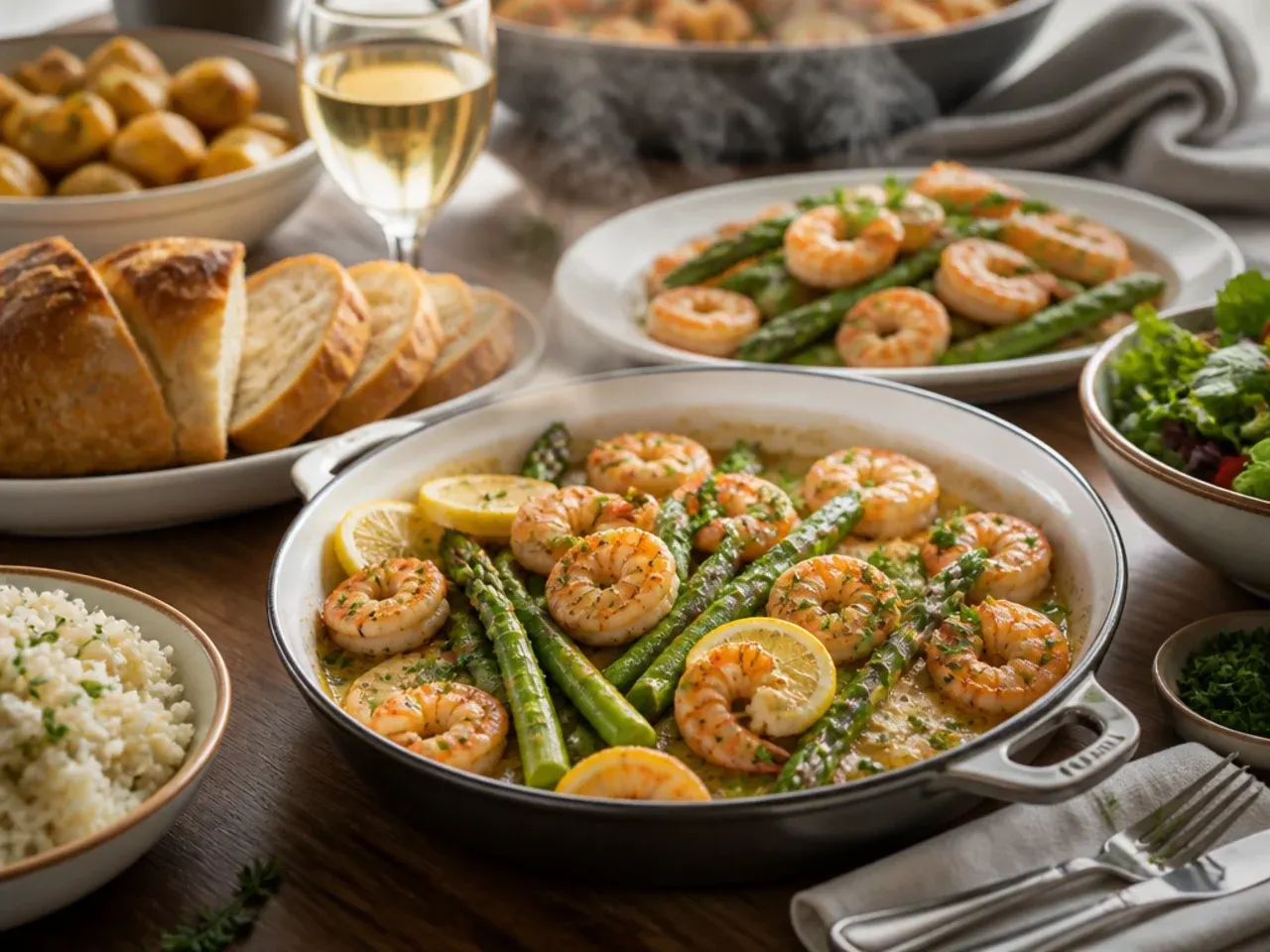 A dinner table set with shrimp and asparagus served over rice with a side salad