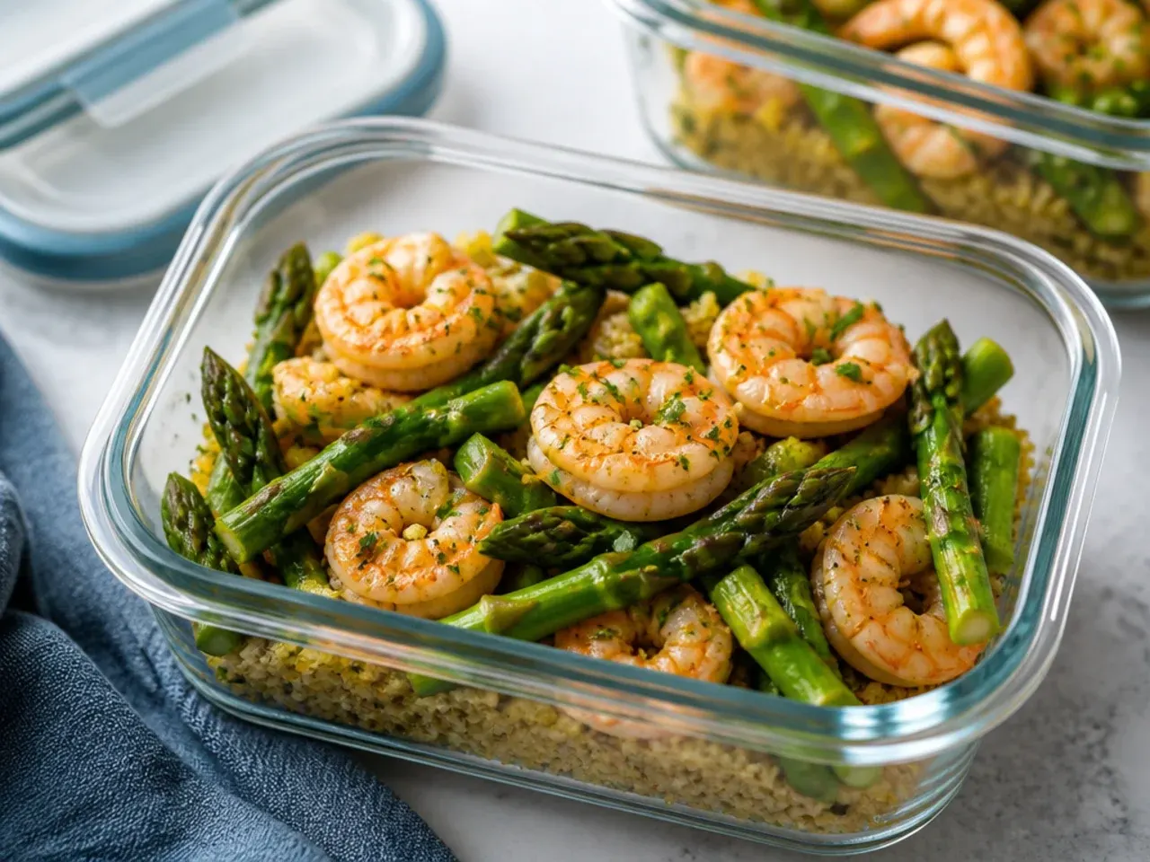 Leftover shrimp and asparagus stored in a glass airtight container in the fridge