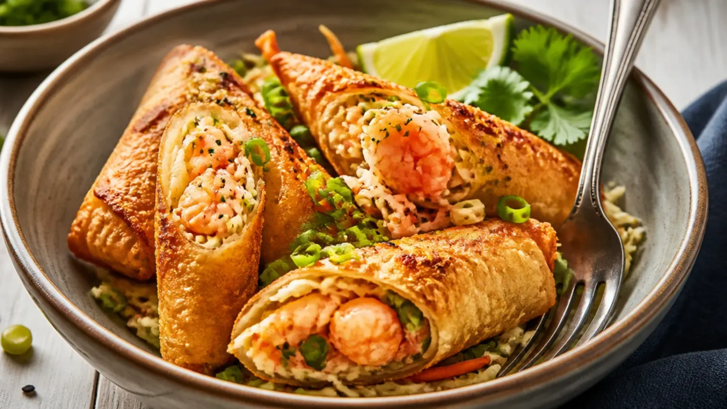 A skillet of shrimp egg roll in a bowl with pink prawns, shredded cabbage, carrot and spring onions