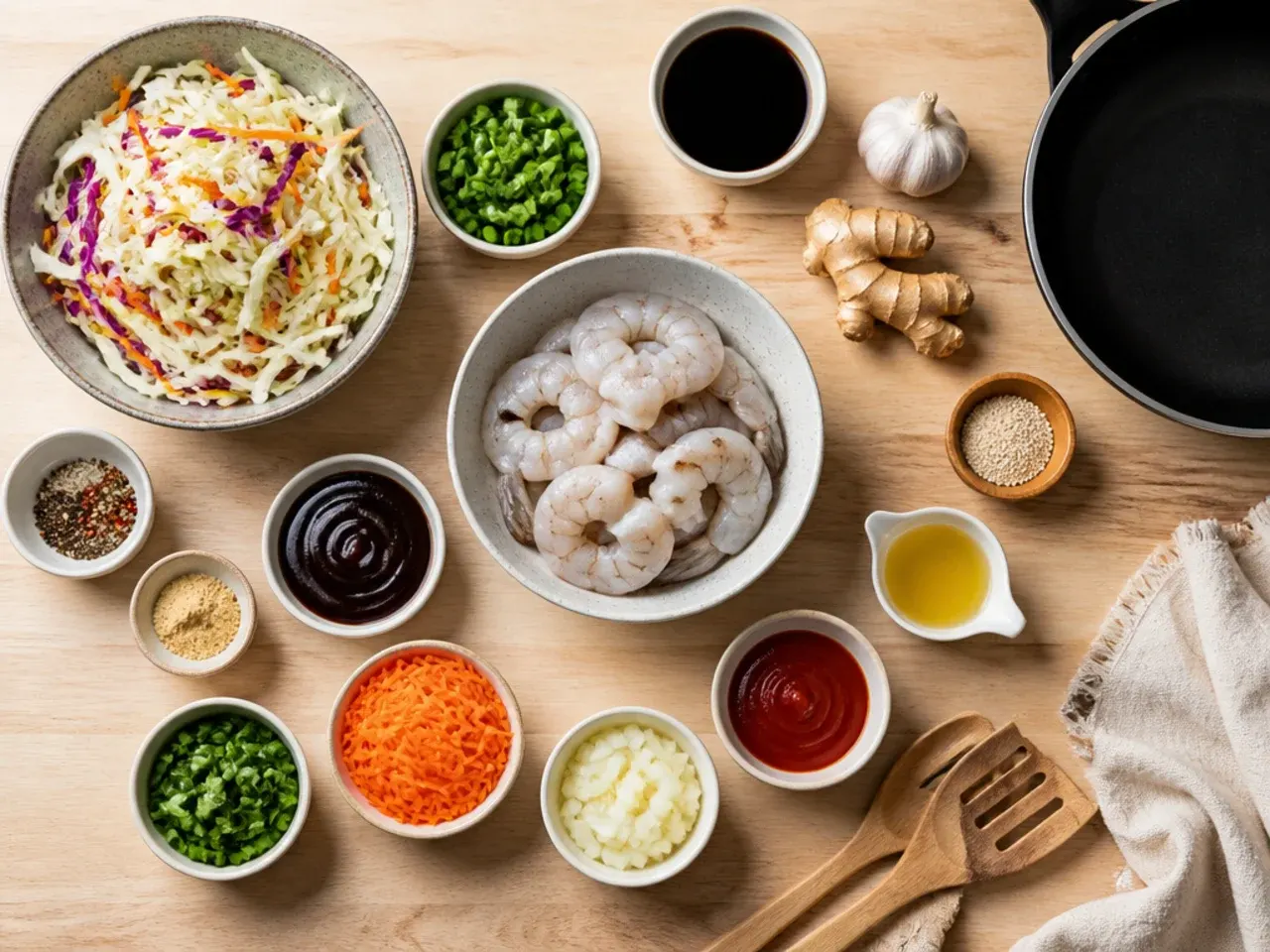 Close-up of seared shrimp with golden edges in a skillet next to shredded cabbage