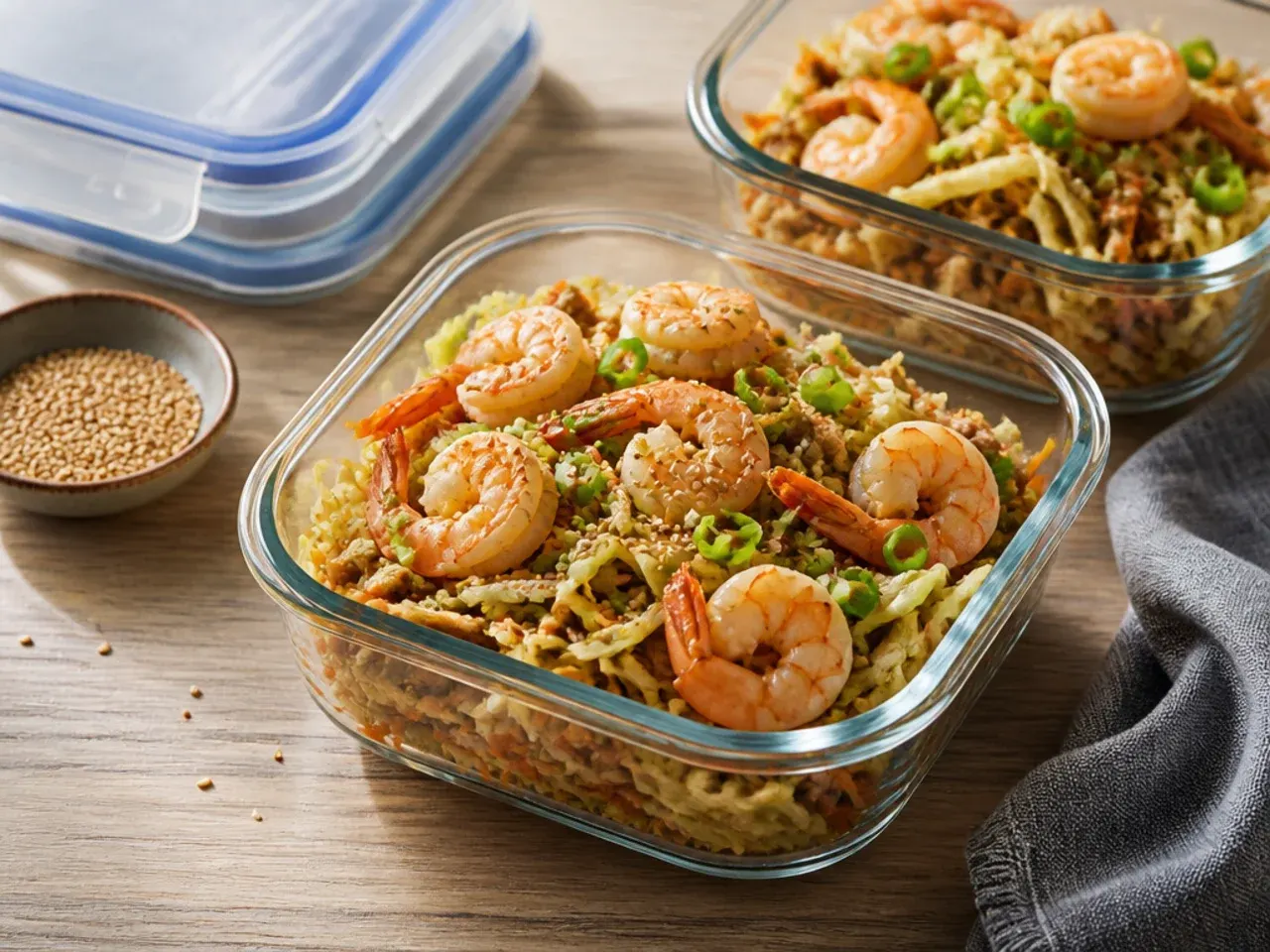 Airtight container of leftover shrimp egg roll in a bowl ready for the fridge