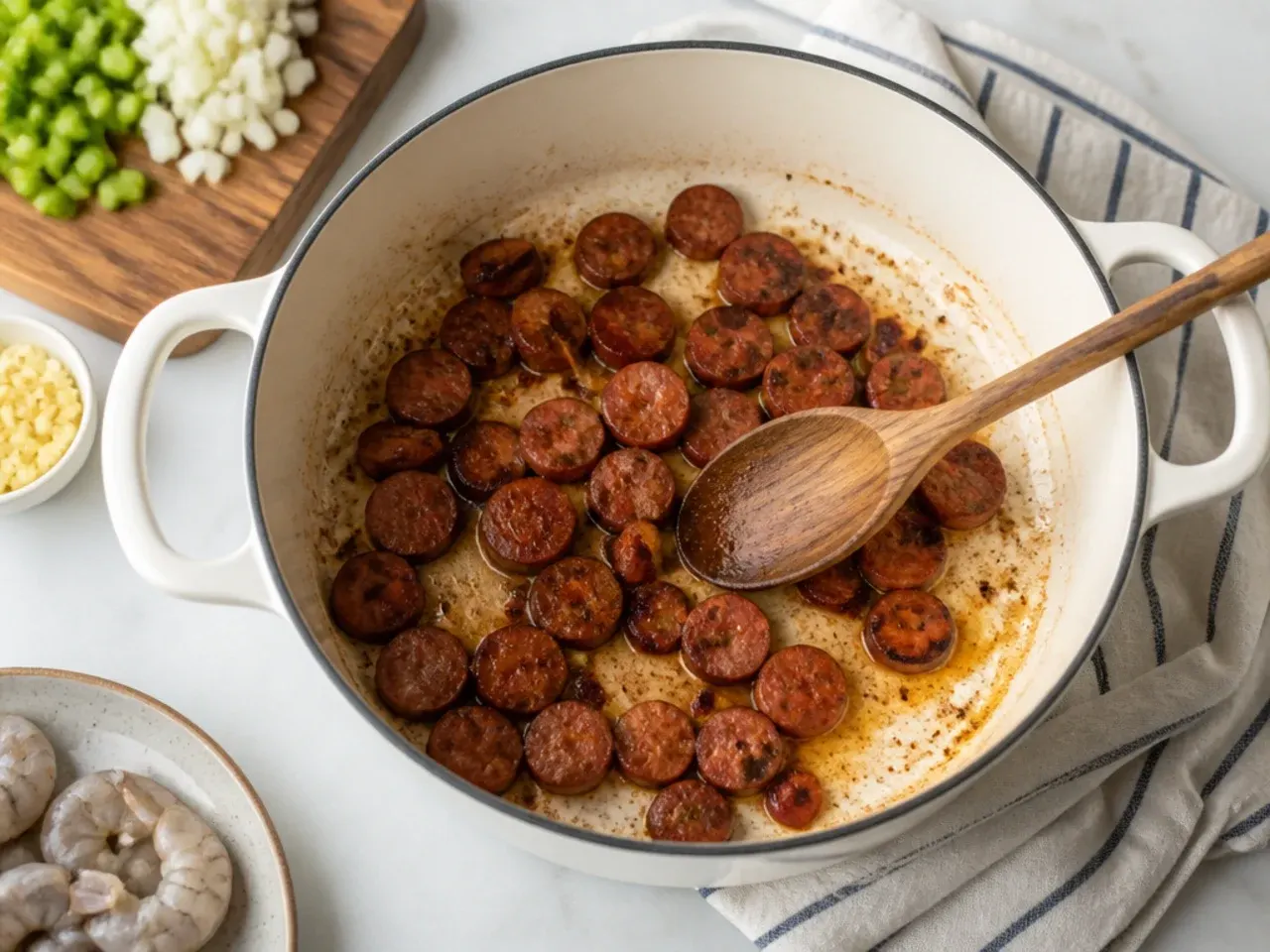 shrimp gumbo recipe — step 1: brown the andouille