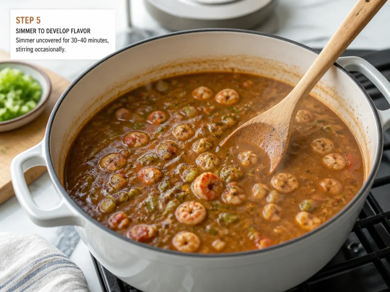 shrimp gumbo recipe — step 5: simmer to develop flavor