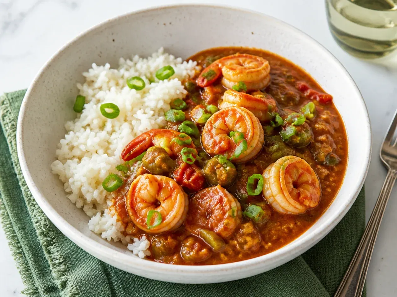 A bowl of easy shrimp gumbo served over white rice with green onions