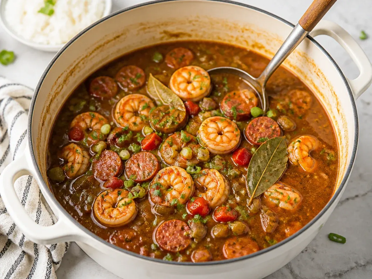 Classic Creole shrimp gumbo recipe with andouille sausage in a Dutch oven