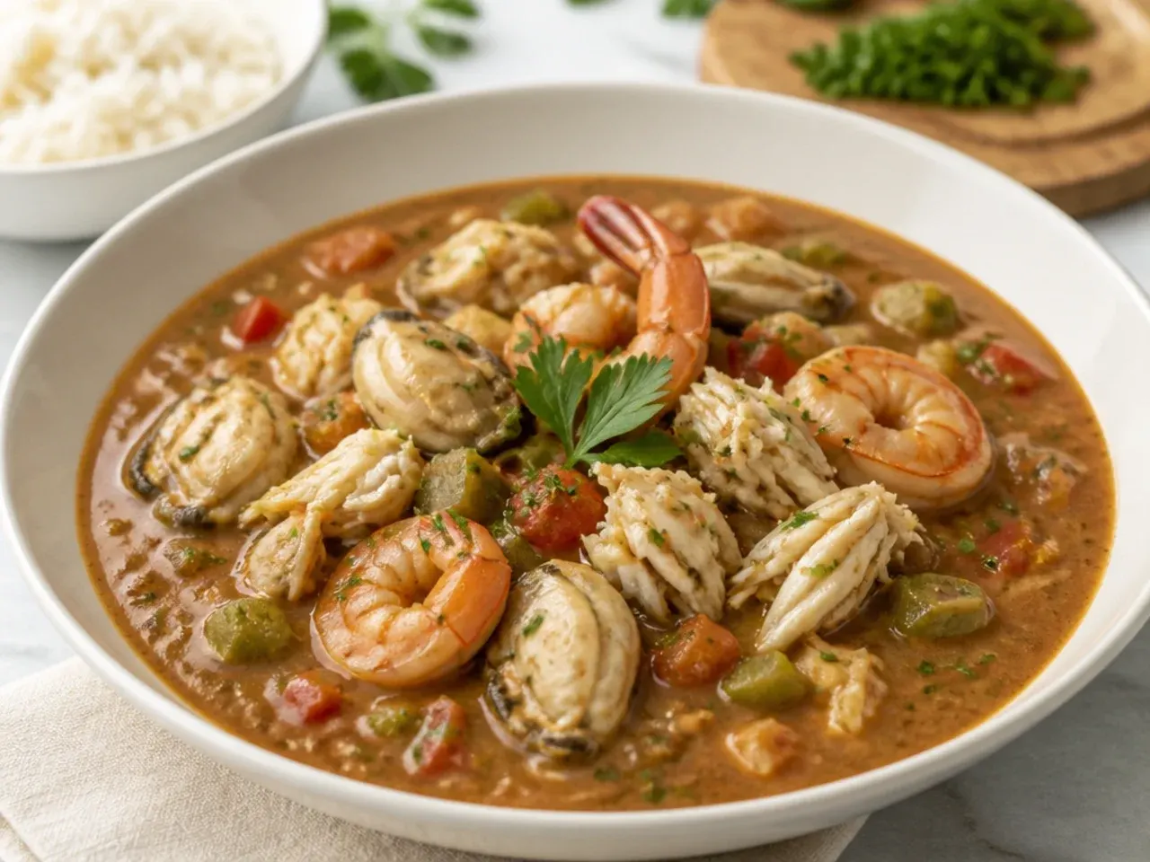 Elegant seafood shrimp gumbo recipe with crab and oysters for guests