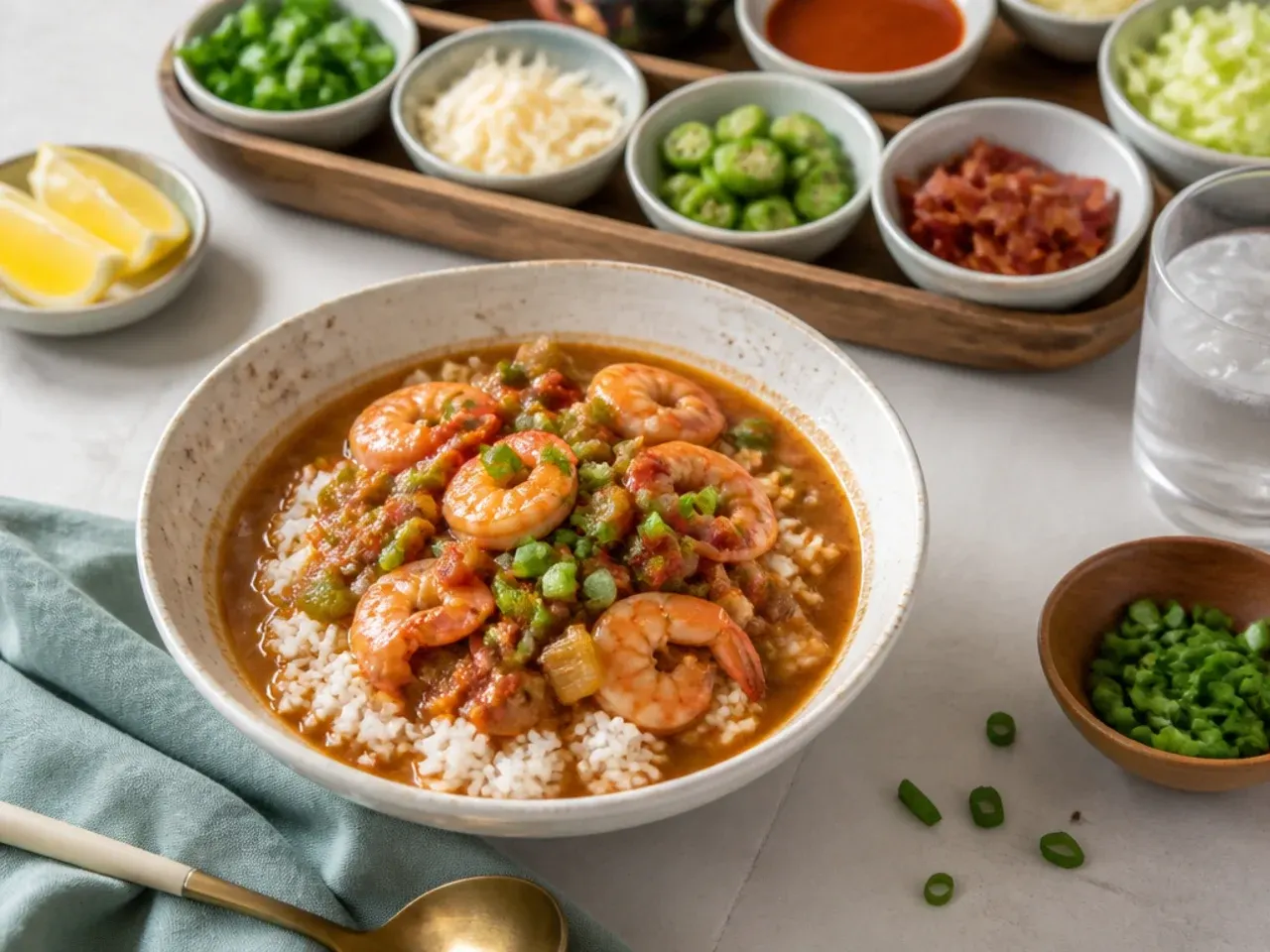 Playful shrimp gumbo recipe rice bowls with a toppings bar