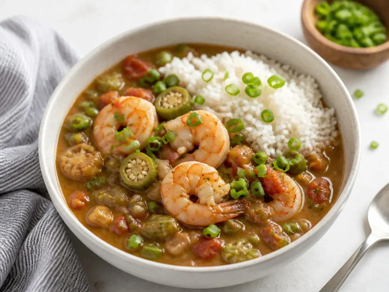 Modern lightened-up shrimp gumbo recipe made with an oven roux