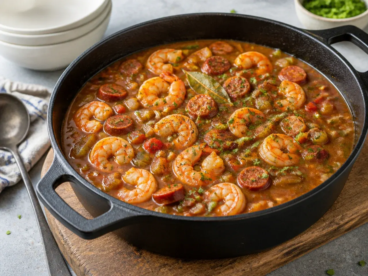 Rustic Cajun shrimp gumbo recipe cooked in a cast-iron Dutch oven