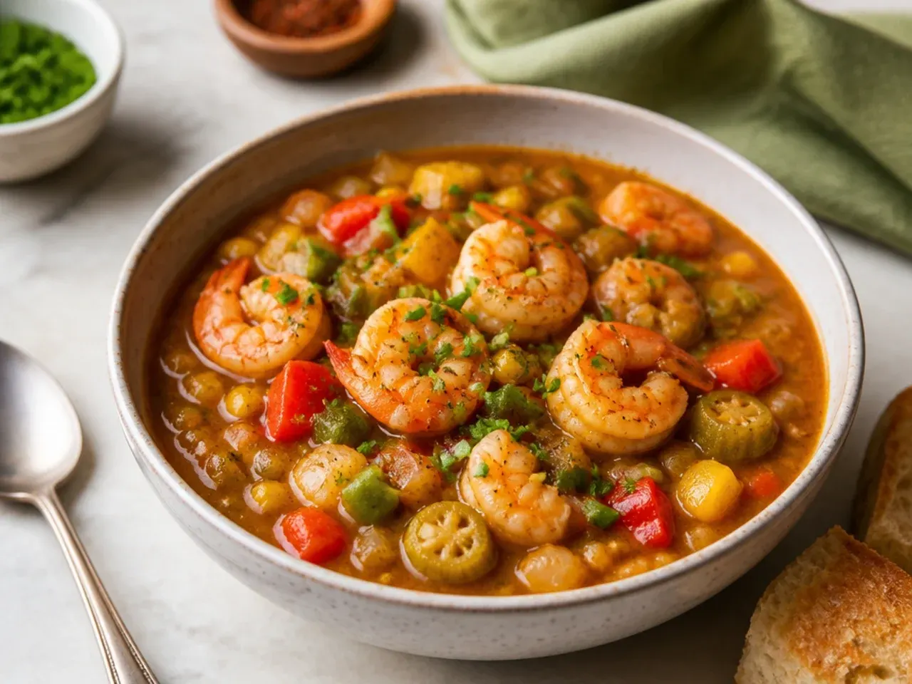 Colorful garden vegetable shrimp gumbo recipe with mixed bell peppers and corn