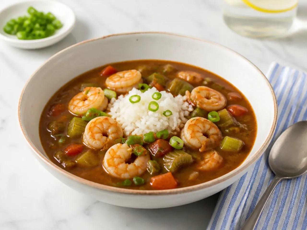 Minimal five-ingredient shrimp gumbo recipe using jarred dark roux