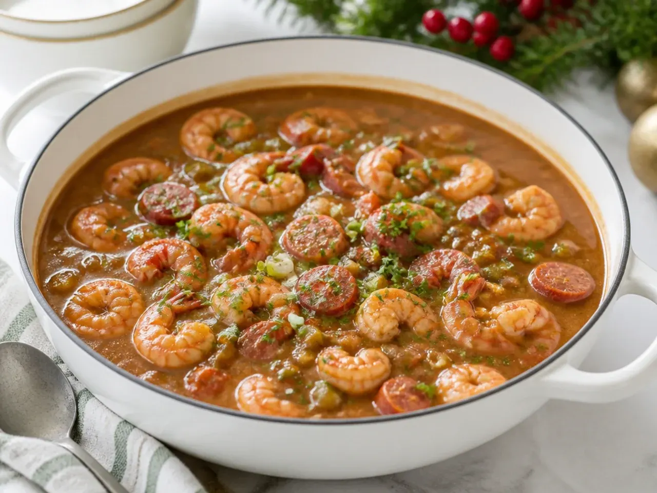 Festive big-batch shrimp gumbo recipe for a holiday crowd