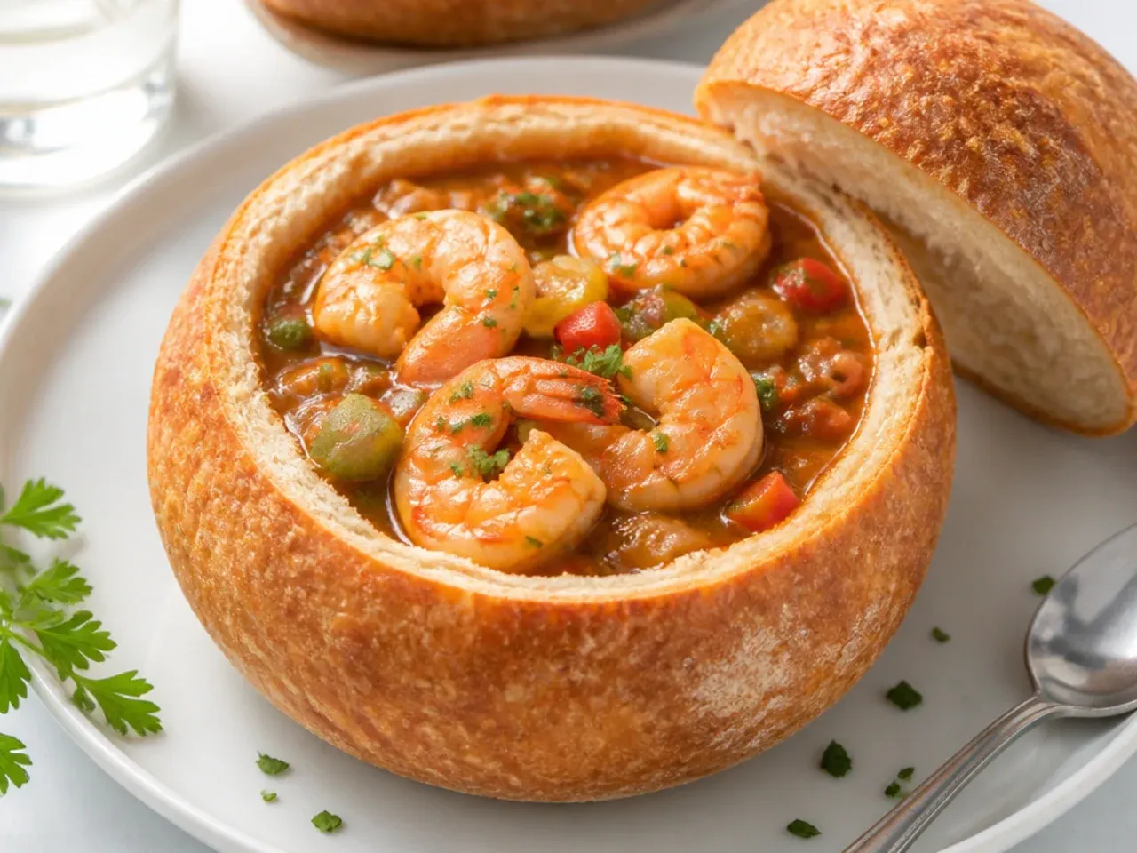 Whimsical shrimp gumbo recipe served inside sourdough bread bowls